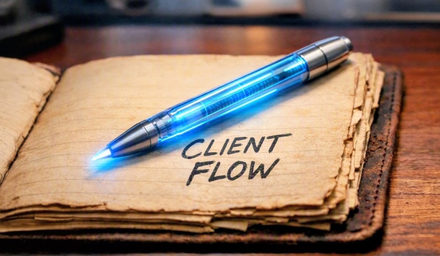 Client Flow Notebook on sleek desk